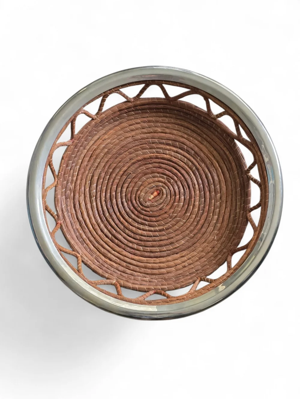 Vintage Rattan & Metal Rim Serving Tray / Boho Woven Basket Centerpiece